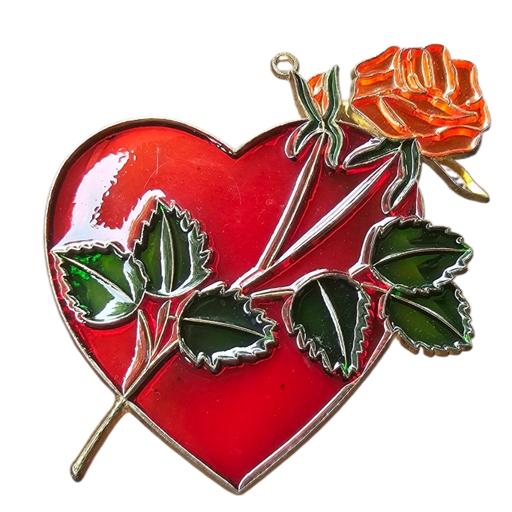 Vintage - Acrylic Stained Glass Heart & Rose 3.75x5" - Picture 1 of 3